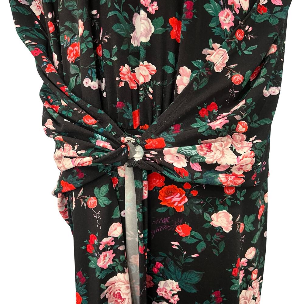 Paco Rabanne Black Pink Floral Cap Sleeve Belt Faux Wrap Midi Dress 44 / 12 NEW - Picture 7 of 14